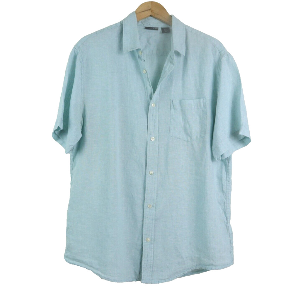 Tahari Men's L Woven Linen Button Down Shirt Short Sleeve Light Blue
